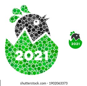 2021 hatch chick composition of filled circles in variable sizes and shades. Vector filled circles are united into 2021 hatch chick composition. 2021 hatch chick isolated on a white background.