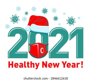 2021 Healthy New Year concept Poster or logo with Santa hat and red face mask. Stop flu coronavirus. Vector on transparent background