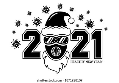 2021 Healthy New Year concept Poster or logo with Santa hat and protective face mask and goggles. Stop flu coronavirus. Vector on transparent background