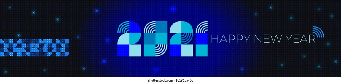 2021 Holiday banner Merry Christmas and Happy New Year. Xmas design with logo of number 2021 shaped cube, snowflake. Colored festive Horizontal poster. Vector illustration isolated on blue background.