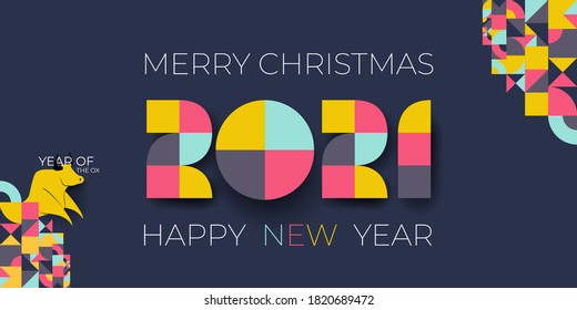 2021 Holiday banner Merry Christmas and Happy New Year. Xmas design with logo of number 2021 shaped cube, Chinese ox. Colored festive Horizontal poster. Vector illustration isolated on grey background