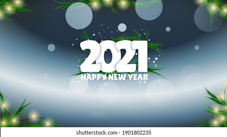 2021 holiday message on festive background. Promotion and shopping template for New Year. Merry Christmas and Happy New Year. Colored. Winter Holidays. Snowflakes in the air. Vector Illustration