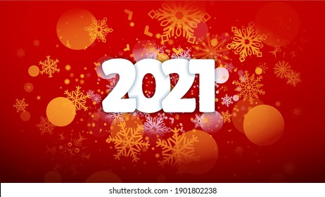 2021 holiday message on festive background. Promotion and shopping template for New Year. Merry Christmas and Happy New Year. Colored. Winter Holidays. Snowflakes in the air. Vector Illustration