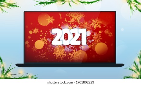2021 holiday message on laptop. Christmas Sale. Christmas Shop Now. New Year Gifts on The laptop. Merry Christmas and Happy New Year. Colored. Winter Holidays. Vector Illustration