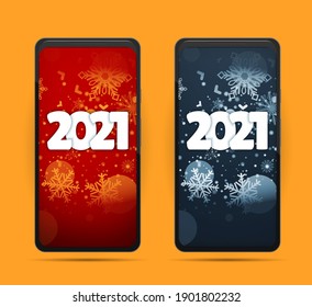 2021 holiday message on Phone. Christmas Sale. Christmas Shop Now. New Year Gifts on The Smartphone. Merry Christmas and Happy New Year. Colored. Winter Holidays. Vector Illustration