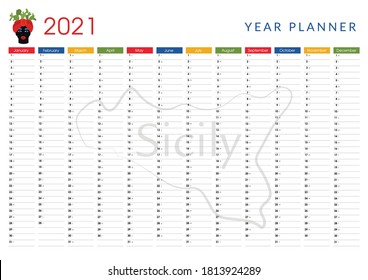 Calendario horizontal 2021 con mapa Sicilia sobre el fondo. Planner de pared, para hacer la lista. Plantilla de diseño de vectores. Cerámica siciliana, cabeza morada. Viajes y turismo