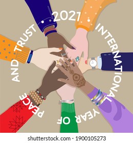 2021 International Year of Peace and Trust, vector banner with diverse skin colors people hands male and female holding together in circle. Multicultural friendship, human equality symbol, concept 