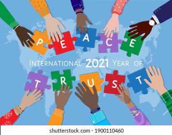 2021 International Year Of Peace And Trust, Vector Banner With Diverse People Hands Holding Puzzle Pieces Connecting Words PEACE, TRUST, World Map Background. Multicultural Friendship, Human Equality