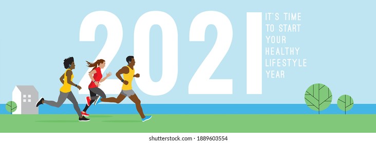 2021 - it`s time to start your healthy lifestyle year, vector banner.  Diverse skin colors young running people, male and female, at  river landscape background.  Outdoor exercises, sport for wellness