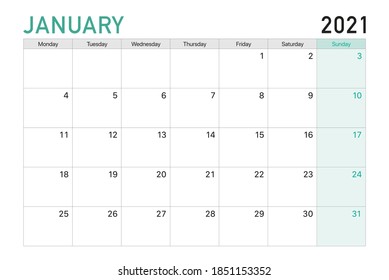 2021 January illustration vector desk calendar weeks start on Monday in light green and white theme