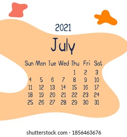 2021 july calendar with abstract shapes on background. Colorful modern calendar with trending colors, monthly planner. Vector flat illustration. Modern simple design. Summer month