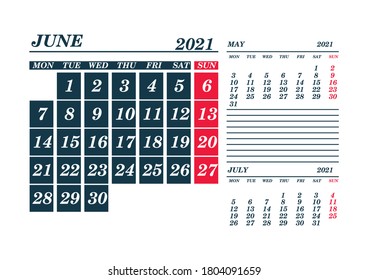 2021 June Calendar Planner. Template. Mock up. Vector illustration.