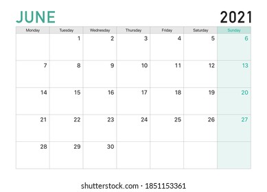 2021 June illustration vector desk calendar weeks start on Monday in light green and white theme