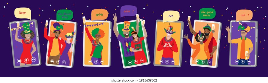 2021 Keep the Mardi Gras spirit alive! Vector greeting banner with diverse young people wearing bead necklaces, masks, carnival costumes have joyful party, virtual meeting online at cell phone screens