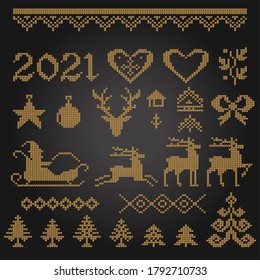2021 knitted Cristmas and New Year card and banner. Traditional knitting, craft design.