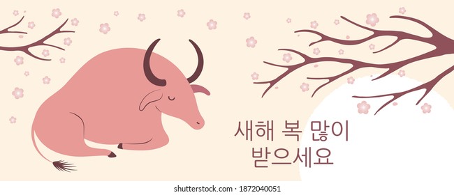 2021 Korean New Year Seollal illustration, beautiful ox, tree branch with flowers, sun, Korean text Happy New Year. Hand drawn vector. Flat style design. Concept for holiday card, poster, banner.
