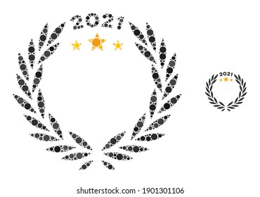 2021 laurel wreath composition of round dots in different sizes and shades. Vector round dots are combined into 2021 laurel wreath illustration. 2021 laurel wreath isolated on a white background.