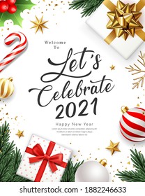 2021 Let's celebrate Happy new year, gift box gold bow ribbon, pine leaves, candy cane, holly, white and red ball, greeting card on white background, Eps 10 vector illustration