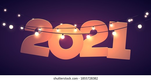 2021 lettering with garland lights over dark background