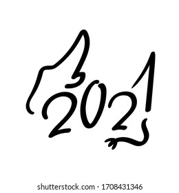 2021 Lettering inscription with ox head silhouette. 2021 Lunar Year Animal on white background. Chinese zodiac ox or bull sign for calendar. New year gift tag. Buffalo line art. New Year postcard