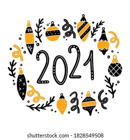 2021 lettering quote decorated christmas elements. Doodle style illustration