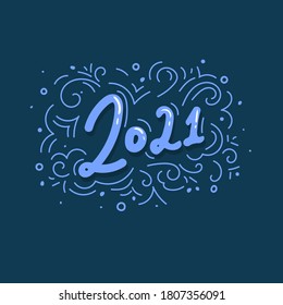 2021 . texto tipográfico con letras aislado en fondo azul. Feliz Año Nuevo. Plantilla de diseño de tarjeta de felicitación vectorial para vacaciones de invierno