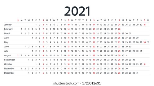 2021 linear calendar. Vector. Yearly calender planner. Schedule template with months. Week starts Sunday. Agenda organizer. Horizontal, landscape orientation, english. Simple illustration. 