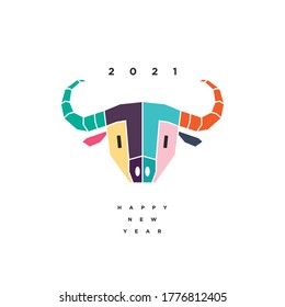 2021 logo design. Metal ox horoscope sign. New year symbol. Chinese horoscope sign. Color cute buffalo head logo, abstract bull head logo vector.