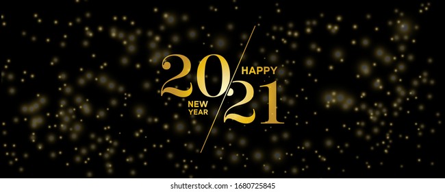 2021 Logo Happy New Year. Brochure Design Template, Poster, Card, Banner. Vector Illustration. Gold Design with Bokeh Isolated On Black Background.