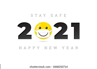 2021 Logo with Mask Protected Smiling Face Having Wide Smile Numerals and Stay Safe Lettering Happy New Year Greeting Concept - Yellow on Black and White Background - Vector Mixed Graphic Design