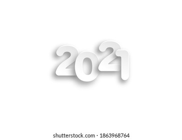 2021 logo paper cut numbers in white color. Decorative greeting card 2021 happy new year. Cutting style Christmas banner and copy space, vector illustration isolated on white background 