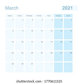 2021 March wall planner in blue pastel color, week starts on Monday. Calendar for March 2021 with blue square and with day of previous and next month.