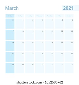 2021 March wall planner in blue color, week starts on Sunday. Calendar for March 2021 with day of previous and next month.