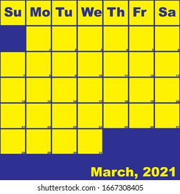 2021 March yellow on blue planner calendar with huge space for notes