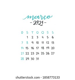 Março 2021. Marzo 2021. Calendario Brasileño Portugués de Cartas Mano para caligrafía 2021 año. Vector.