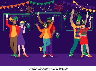 2021 Mardi Gras celebration during coronavirus covid-19 quarantine, vector banner. Happy cheerful friends wearing funny costumes, masks, feathers, necklaces, virtual online meeting at computer screens