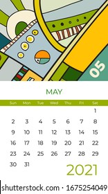 2021 May calendar abstract contemporary art vector. Desk, screen, desktop month 05, 2021, colorful 2021 calendar template, agenda pattern. Psychedelic sketched calendar, day planner. May page.