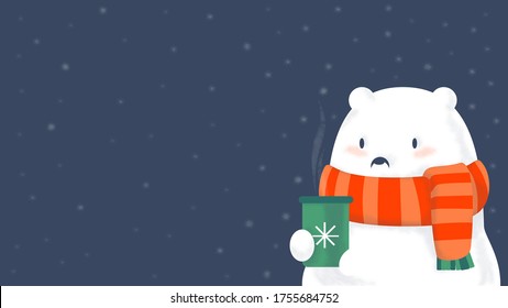 2021 Merry Christmas and a happy new year banner! Winter holidays. Vector cute illustration of polar white bear drinking hot cocoa. Snowy winter background for posters, invitations, menus.