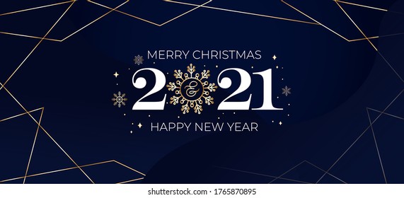 2021 Merry Christmas and Happy New Year card with navy blue background and golden abstract lines. Luxury template for cards, banner or invitation. Elegant Christmas vector illustration.