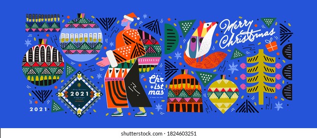 2021! Merry Christmas and Happy New Year! Vector trendy abstract illustrations for holiday graphic design: santa claus, fox, christmas tree, christmas tree toy, ornament. Geometric objects.