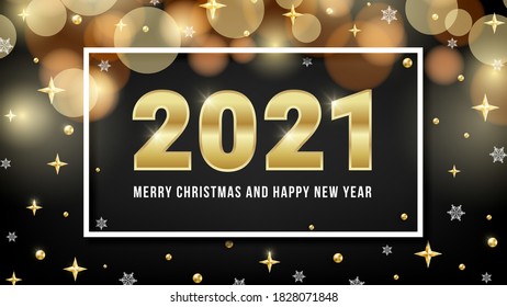 2021 Merry Christmas and Happy New Year greeting card design with golden numbers, bokeh, gold beads, shiny stars and snowflakes on black background. Vector illustration for web, xmas banner, mail.