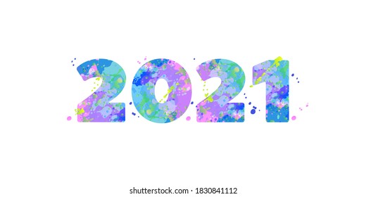 2021 Merry Christmas and A Happy New Year banner. Creative vector typography digits with multicolored spots of paint on a white background. Template for Christmas flyer, greeting card, brochure.