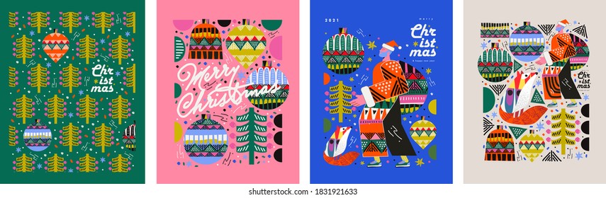 2021! Merry Christmas and Happy New Year! Vector trendy abstract illustrations for holiday graphic design: santa claus, fox, christmas tree, christmas tree toy, ornament. Drawings for poster