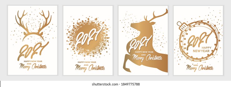 2021. Merry Christmas and Happy New Year. A set of templates for postcards, posters, cards, flyers, invitations. Christmas golden banner collection. Modern vector illustration.