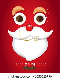 2021 Merry Christmas and Happy New Year greeting vector poster, ad, flyer. Funny cute Santa's face made from coffee cups, ball, croissant, fir branch, top view table. Advertising for coffee house shop