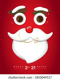 2021 Merry Christmas and Happy New Year greeting vector poster, ad, flyer. Funny cute Santa's face made from coffee cups, ball, fir branches, snow, top view table. Cafe, coffee house, shop advertising