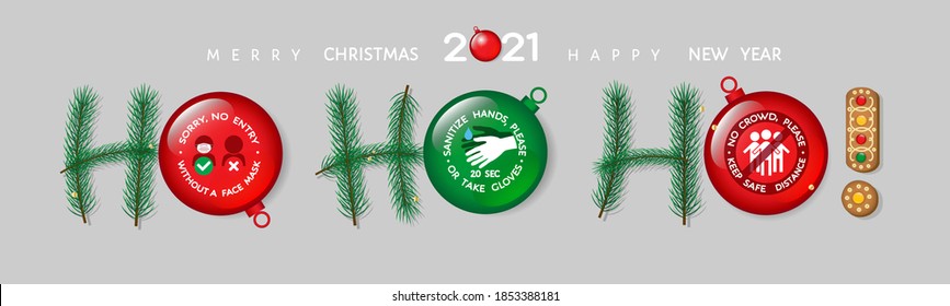 2021 Merry Christmas, Happy New Year vector banner with mask wearing, social distancing, hand sanitizing coronavirus covid-19 prevention signages set, wall sticker, print for shop market, public place