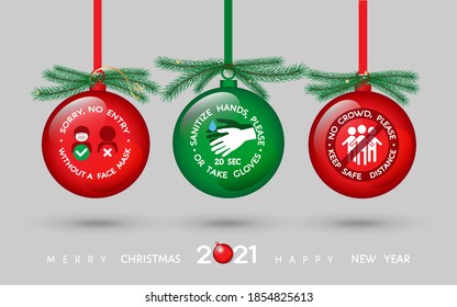 2021 Merry Christmas, Happy New Year vector banner with mask wearing, social distancing, hand sanitizing coronavirus covid-19 prevention signages set, wall sticker, print for shop market, public place