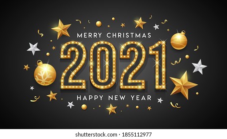 2021 Merry christmas and Happy New Year, gold neon light banner design on black background, Eps 10 vector illustration