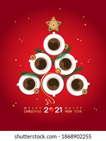 2021 Merry Christmas and Happy New Year greeting vector banner, poster, ad, flyer. Funny cute fir tree made from top view coffee cups, fir branches, gingerbread cookies. Coffee shop, cafe advertising